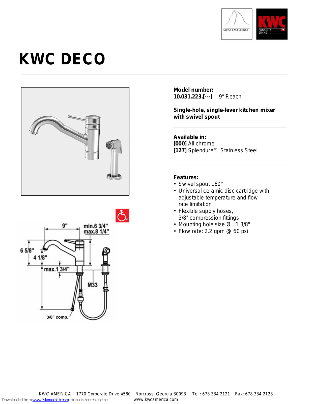 KWC DECO 10.031.223., DECO 10.031.223.000, DECO 10.031.223.127 Specifications