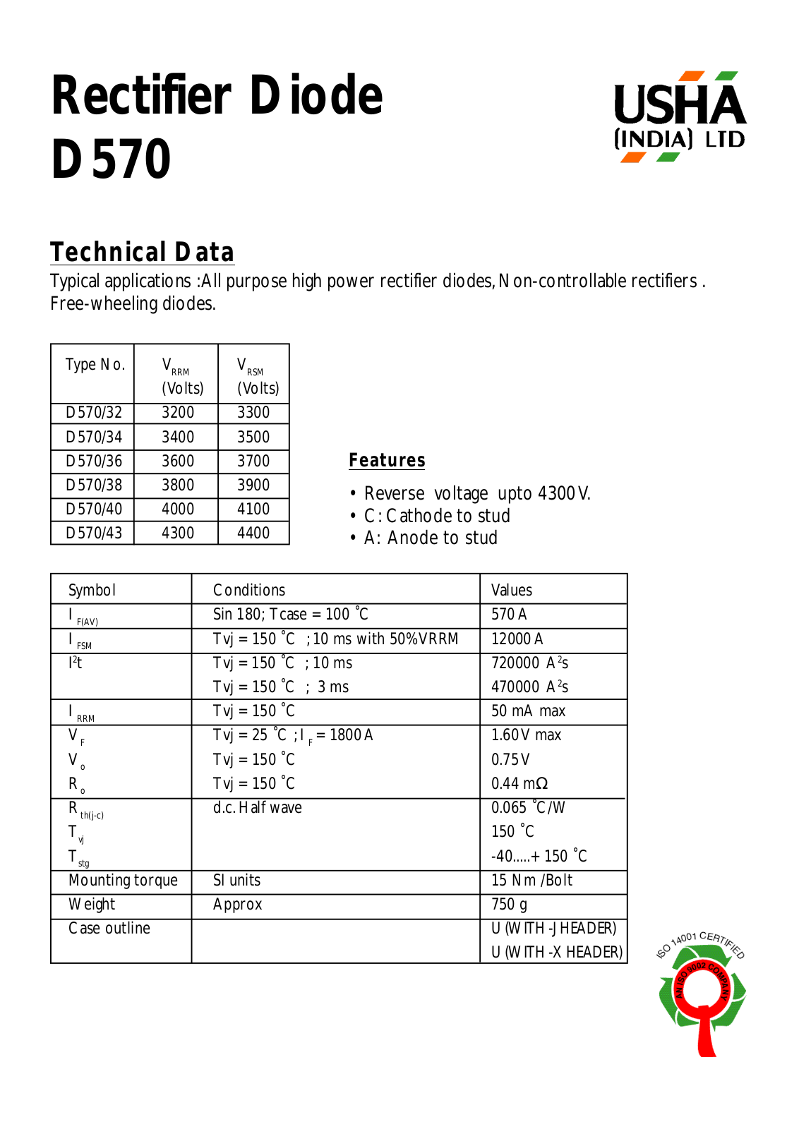 USHA D570-40, D570-38, D570-36, D570-34, D570-43 Datasheet