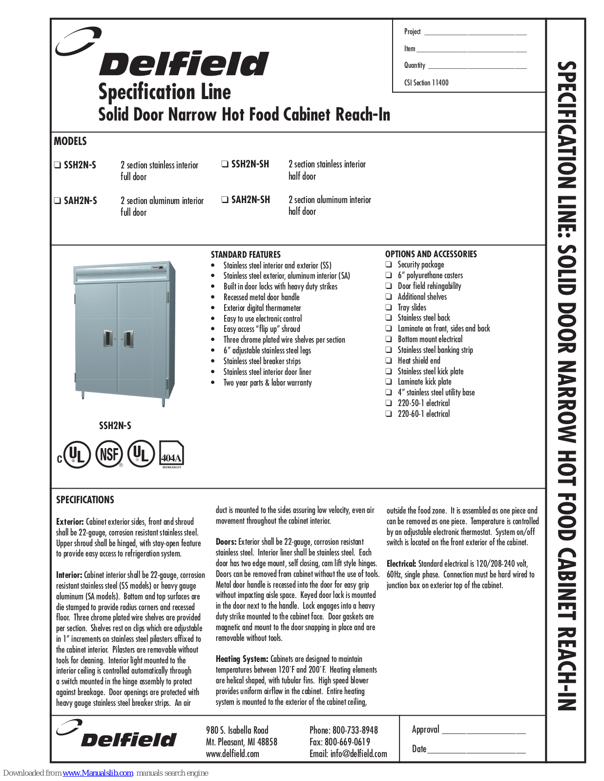 Delfield SAH2N-S, SAH2N-SH, SSH2N-S, SSH2N-SH Specifications