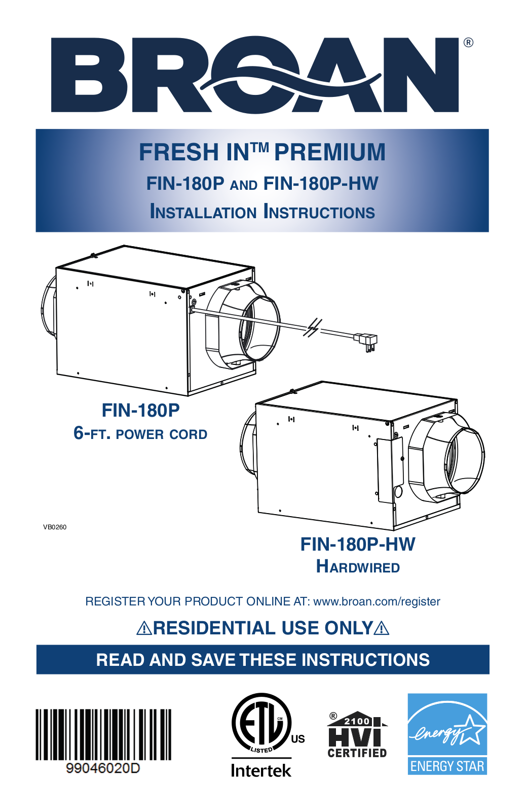 Broan FIN180PHW, FIN180P Installation Manual