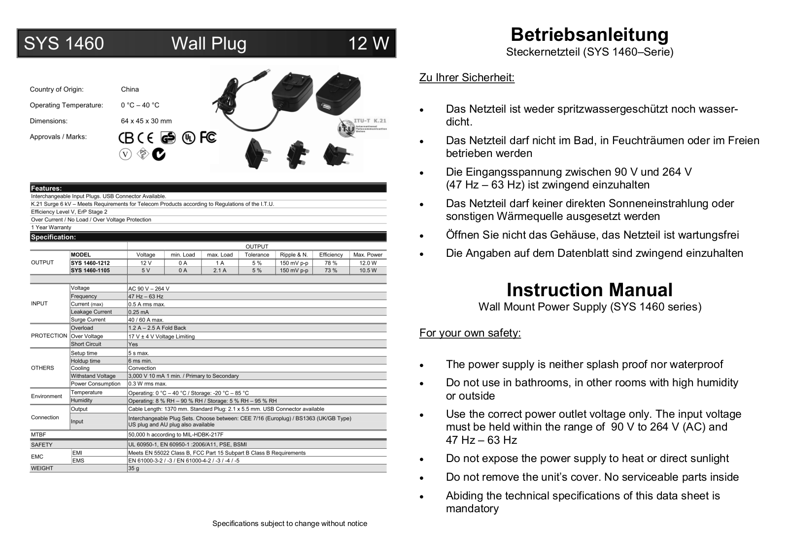 Dehner Elektronik SYS 1460 Operating Instructions