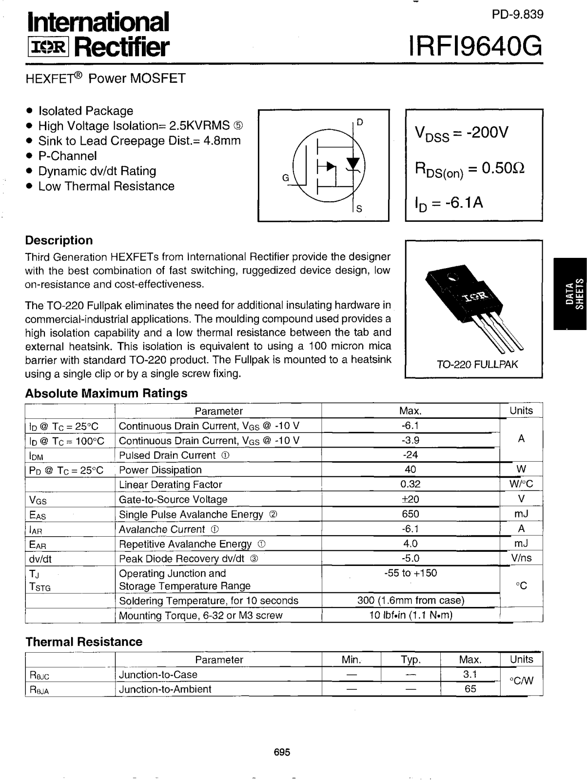 International Rectifier IRFI9640G Datasheet