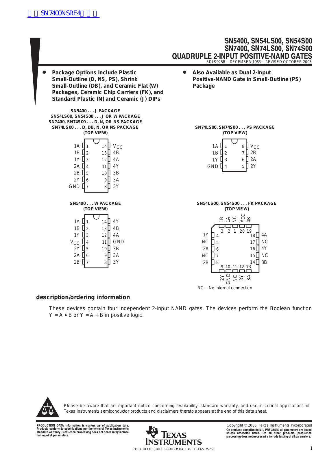 TEXAS INSTRUMENTS SN5400 Technical data