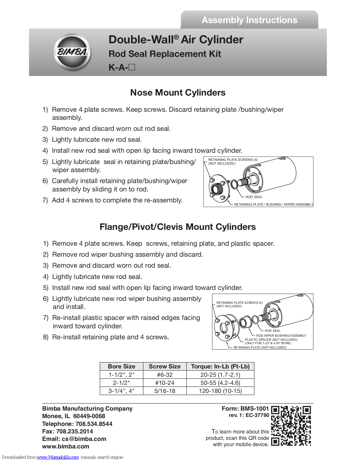 Bimba Double-Wall K-A Assembly Instructions Manual