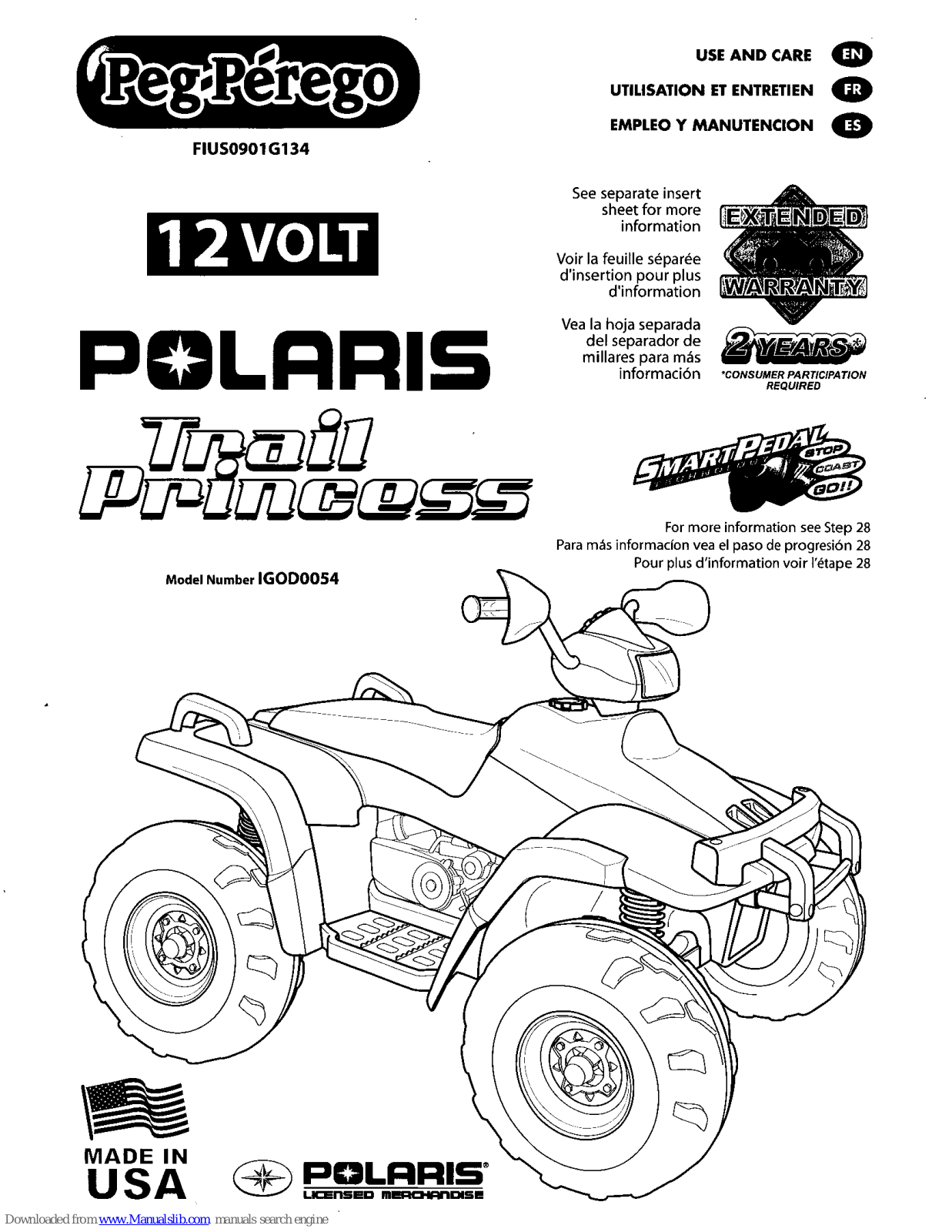 Peg-Perego POLARIS Trail Princess, IGOD0054 Use And Care Manual