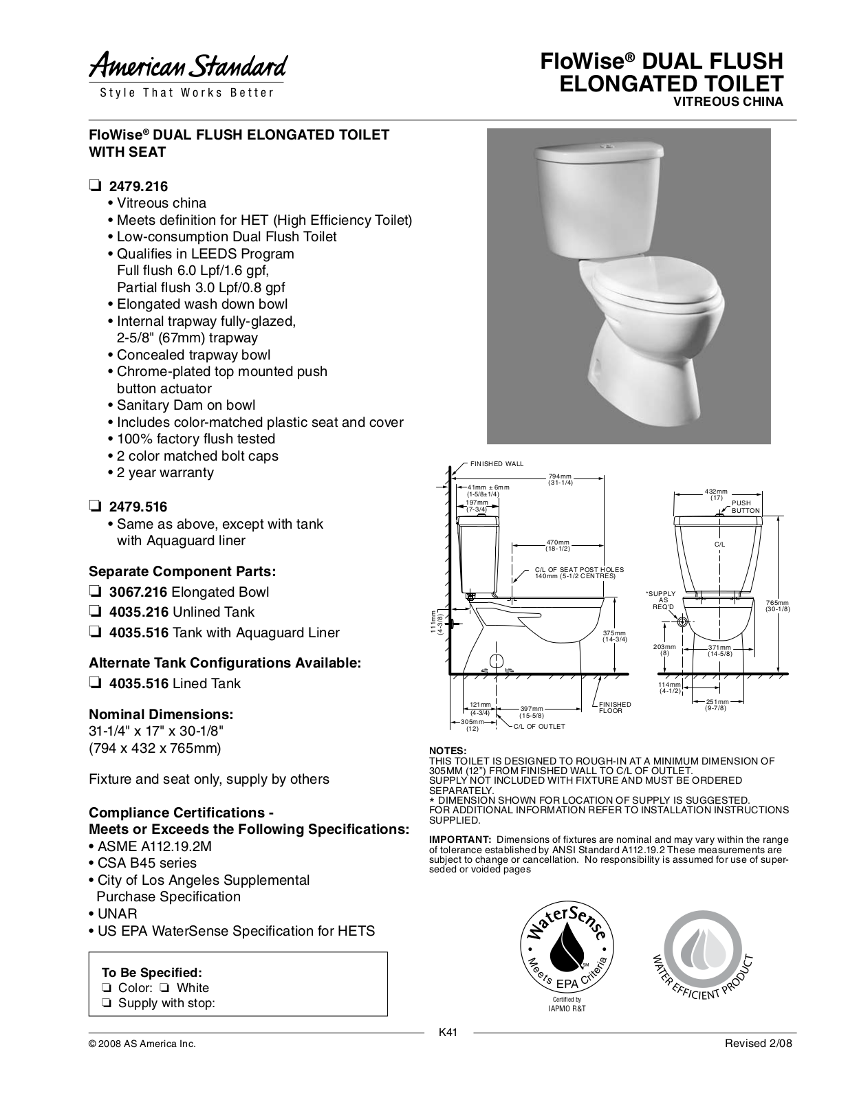 American Standard 4035.216, 4035.516, 2479.216, 2479.516, 3067.216 User Manual