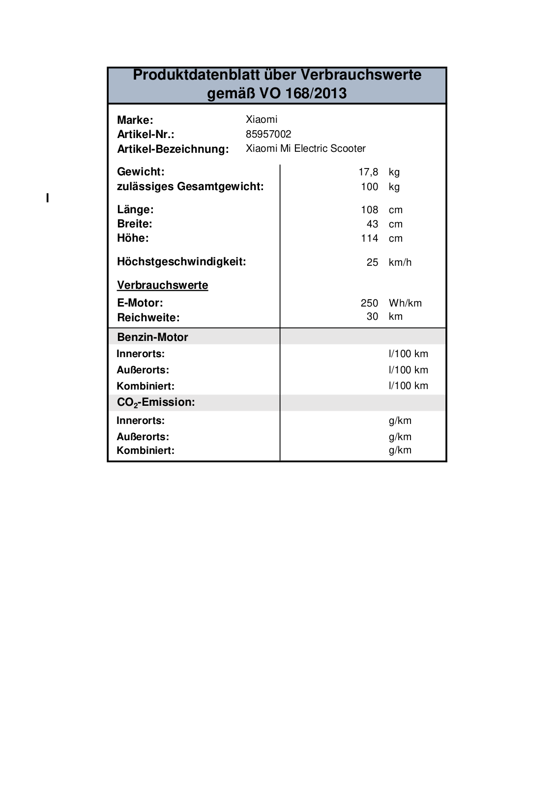 Xiaomi Mi Electric Scooter 365 Technical data