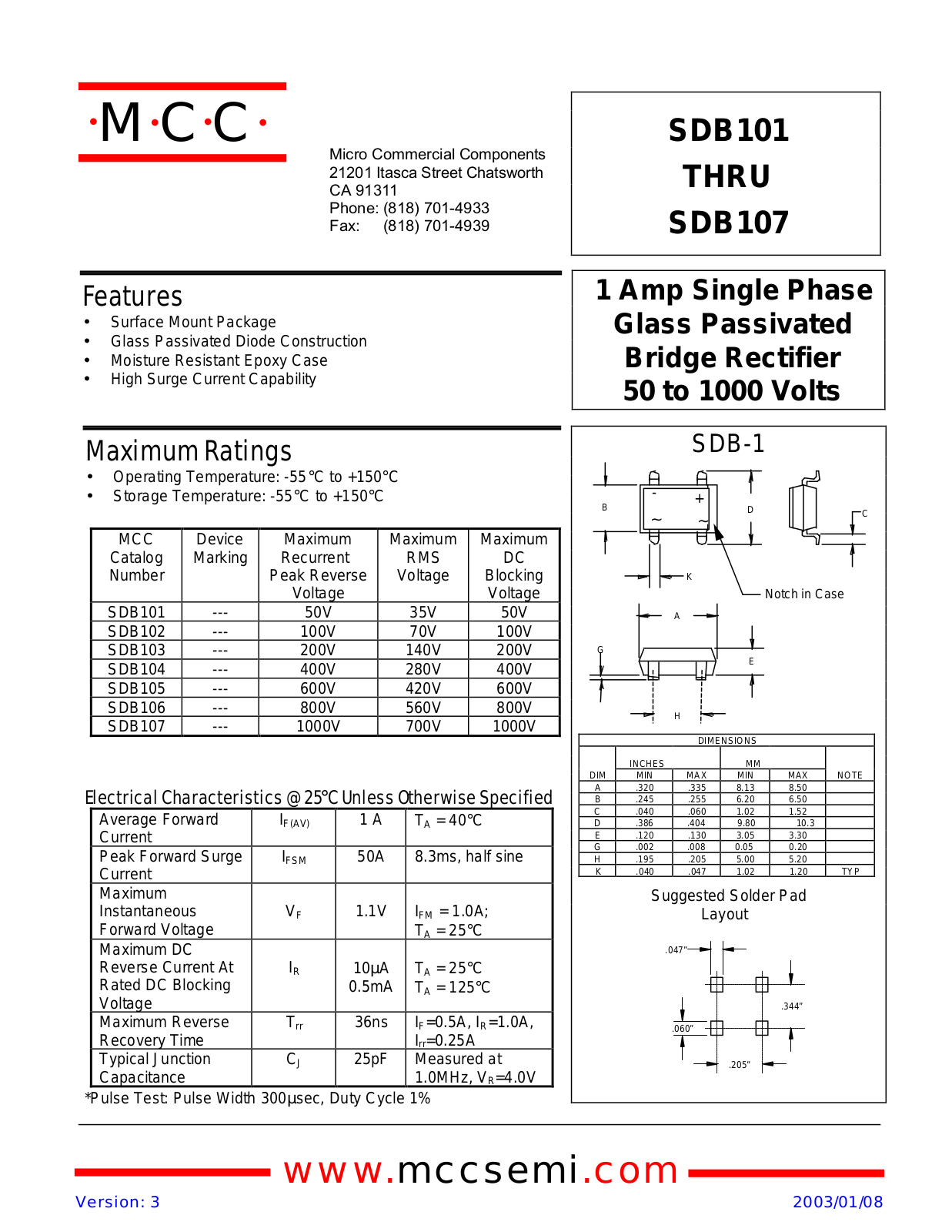 MCC SDB107, SDB101, SDB102, SDB103, SDB104 Datasheet