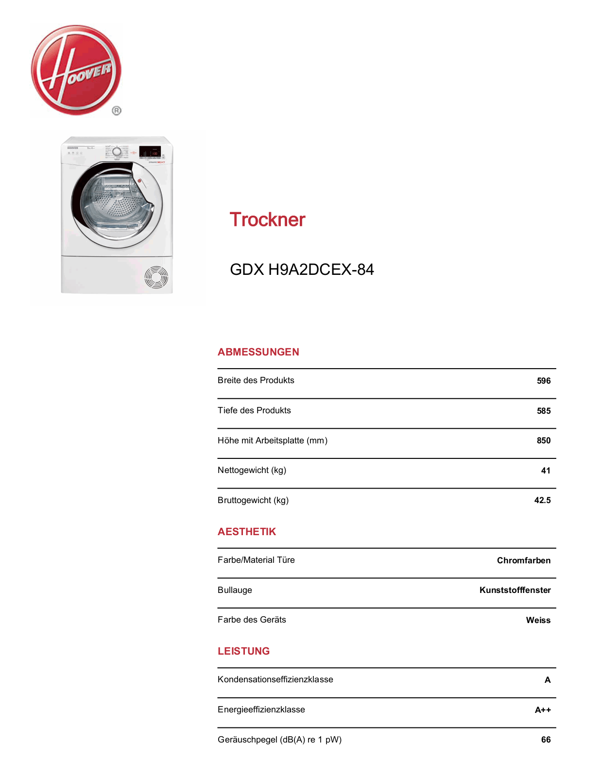 Hoover GDX H9A2DCEX-84 Service Manual