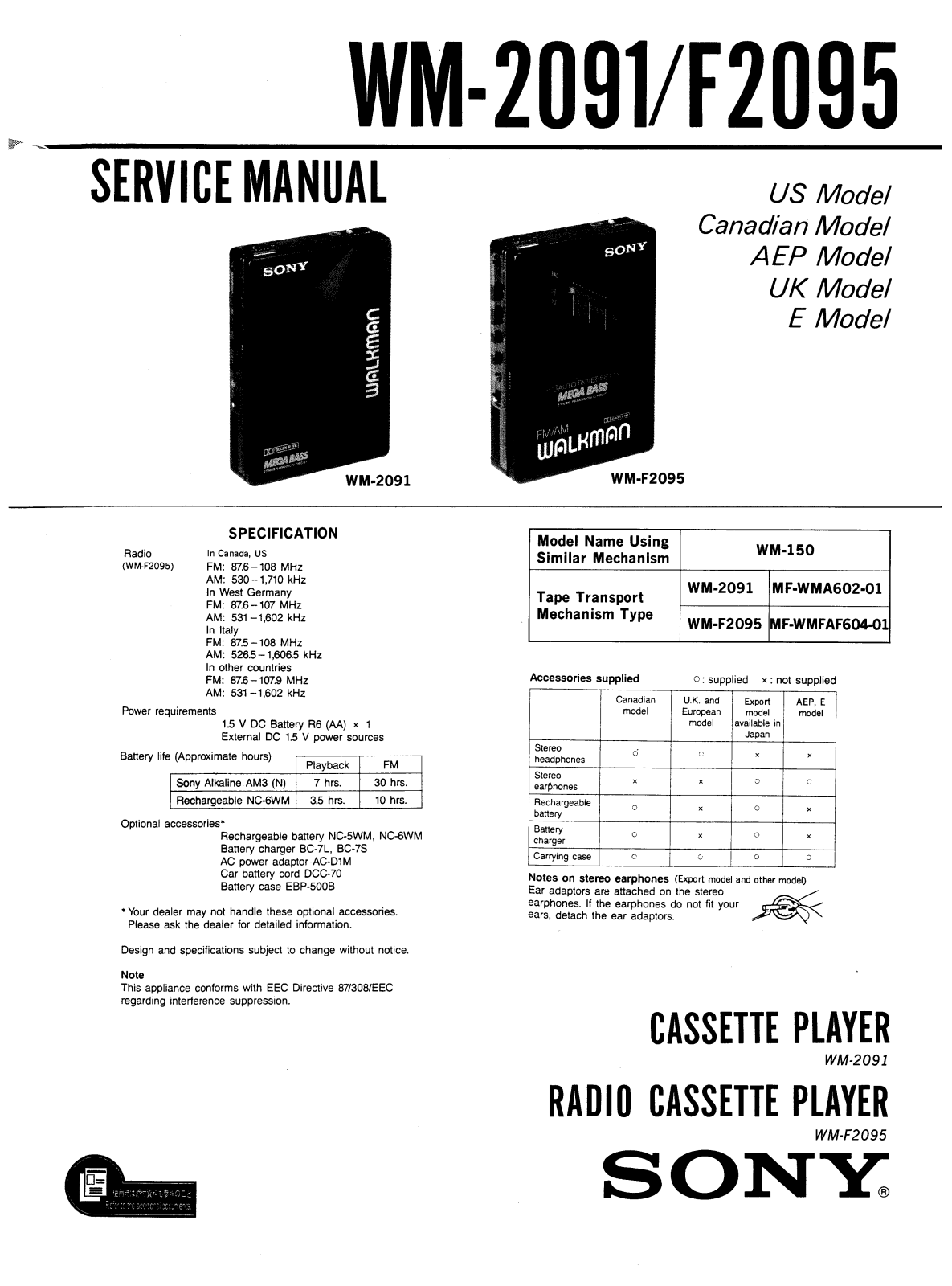 Sony WM-2091 Service manual