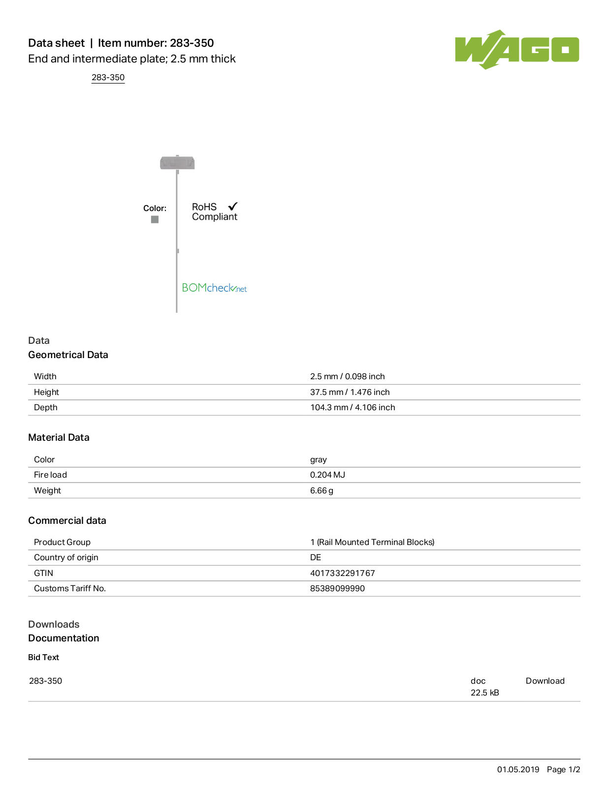 Wago 283-350 Data Sheet