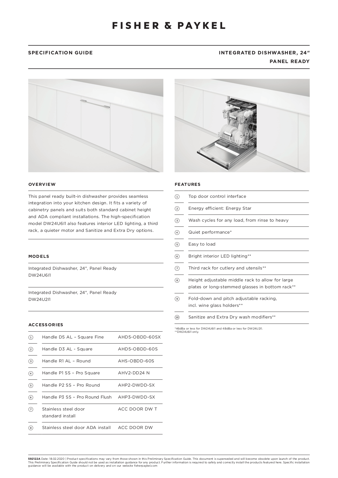 Fisher & Paykel DW24U6I1, DW24U2I1 PRODUCT SPECIFICATIONS