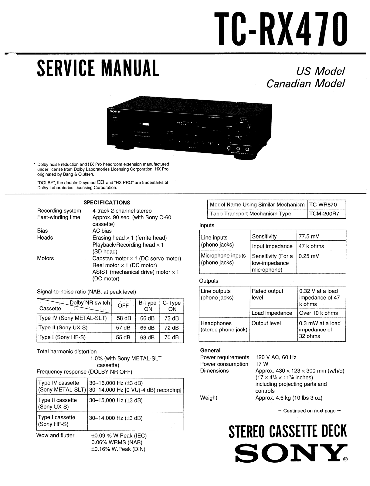 Sony TCRX-470 Service manual