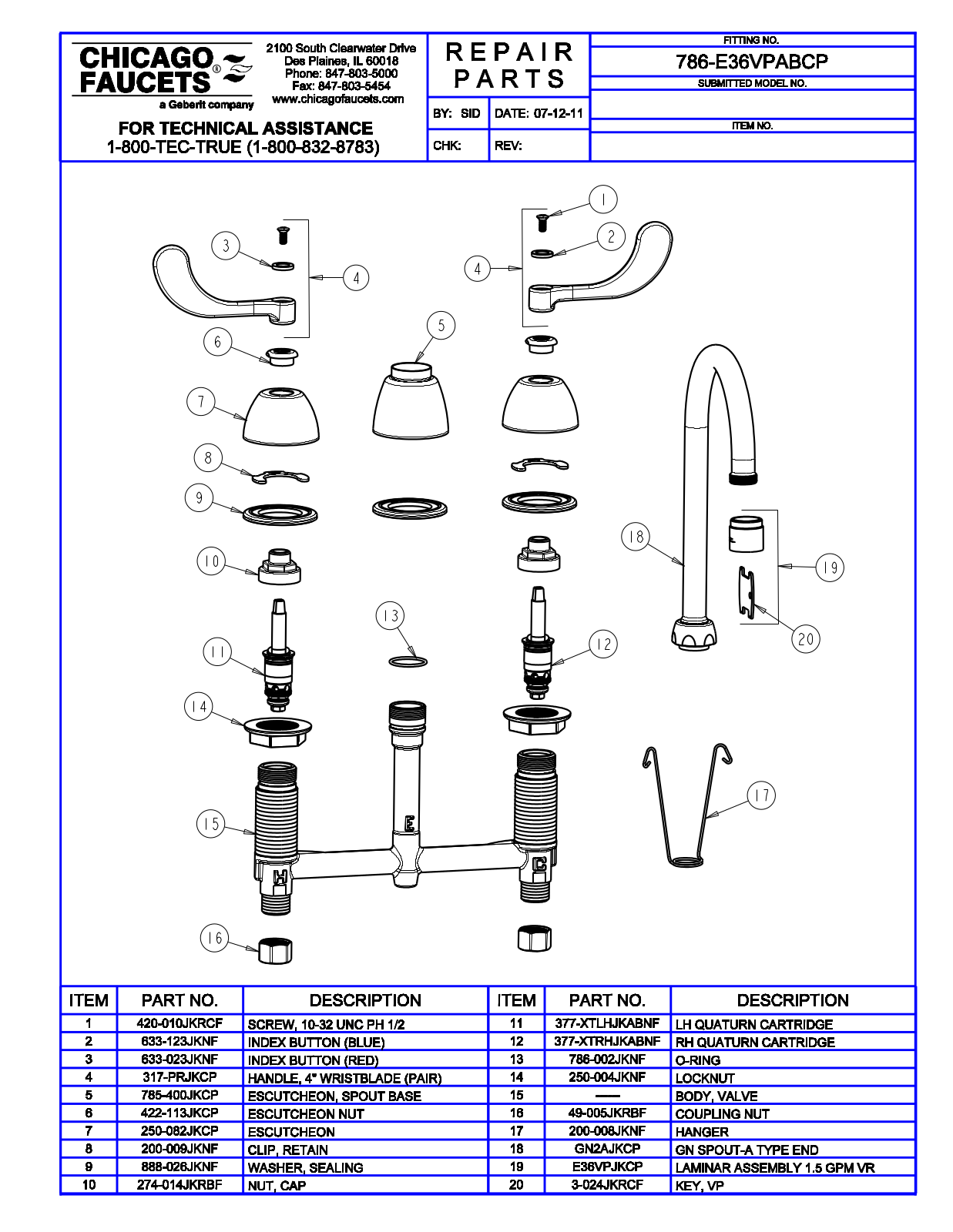 Chicago Faucet 786-E36VPAB Parts List