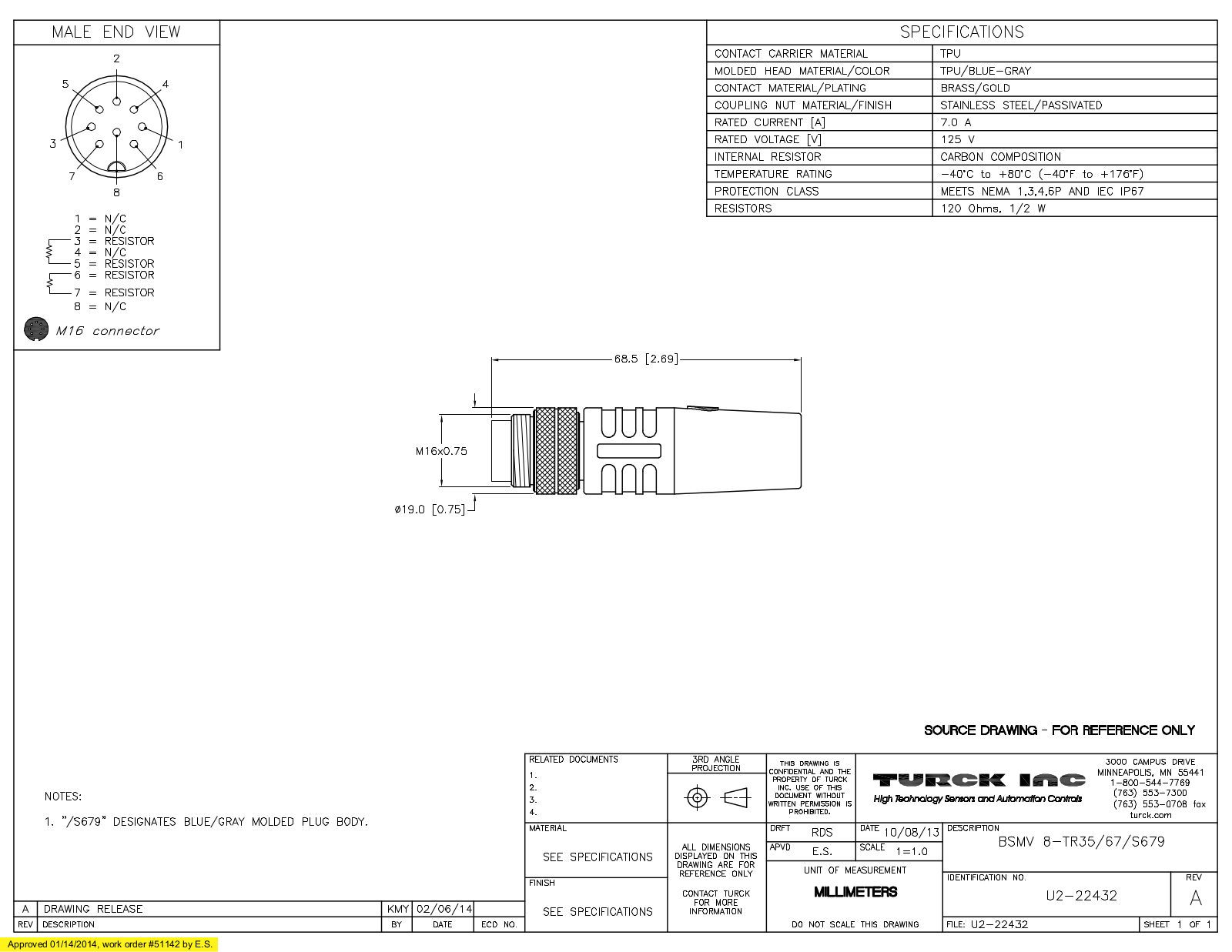 Turck BSMV8-TR35/67/S679 Specification Sheet