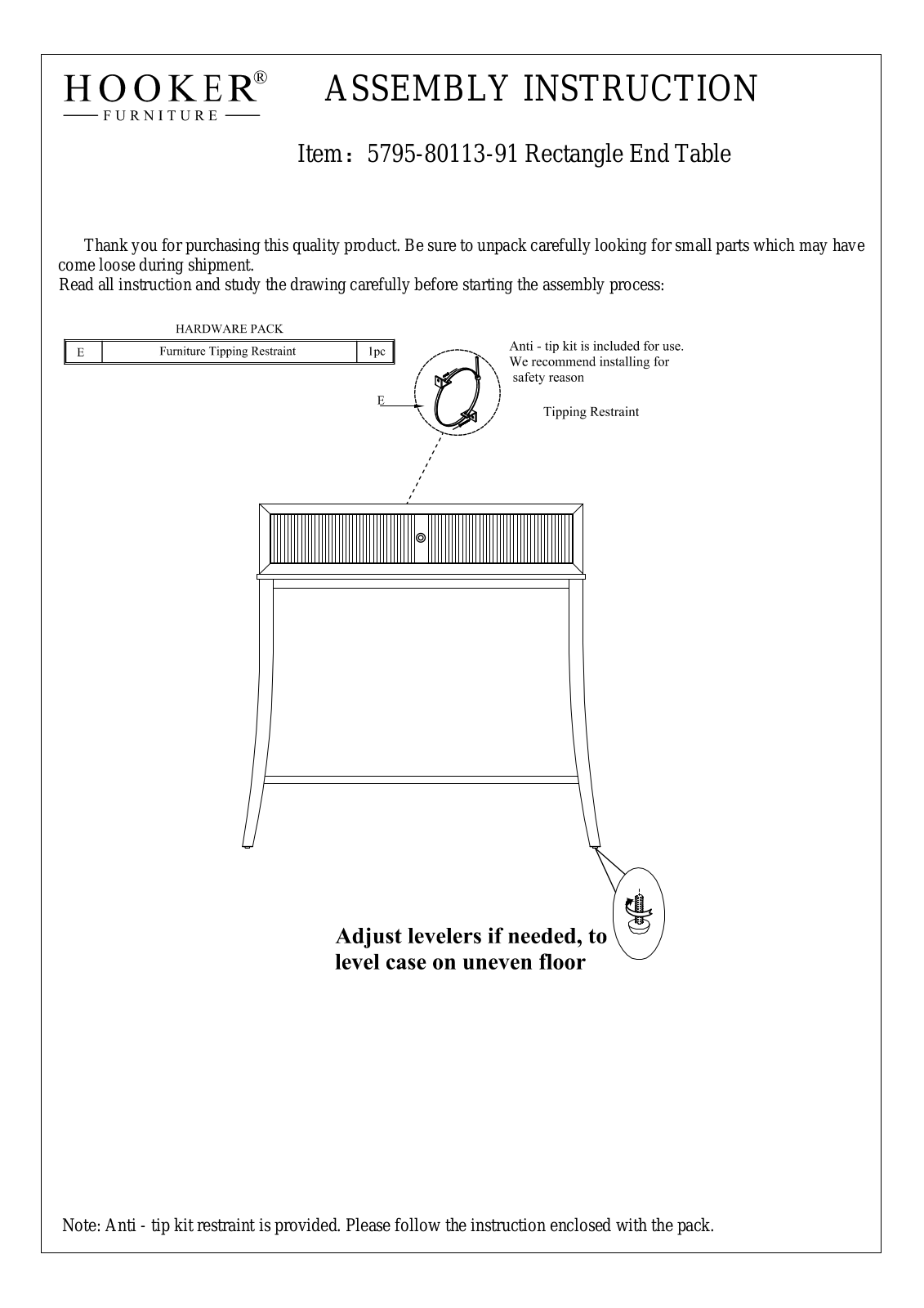 Hooker Furniture 57958011391 Assembly Guide