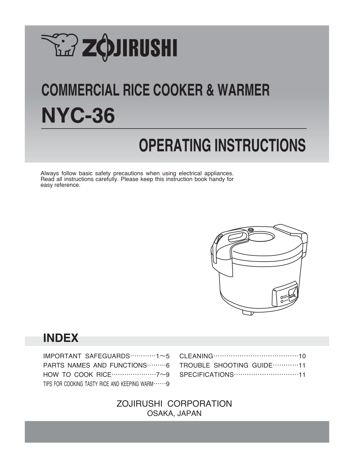 Zojirushi NYC-36 Owner's Manual