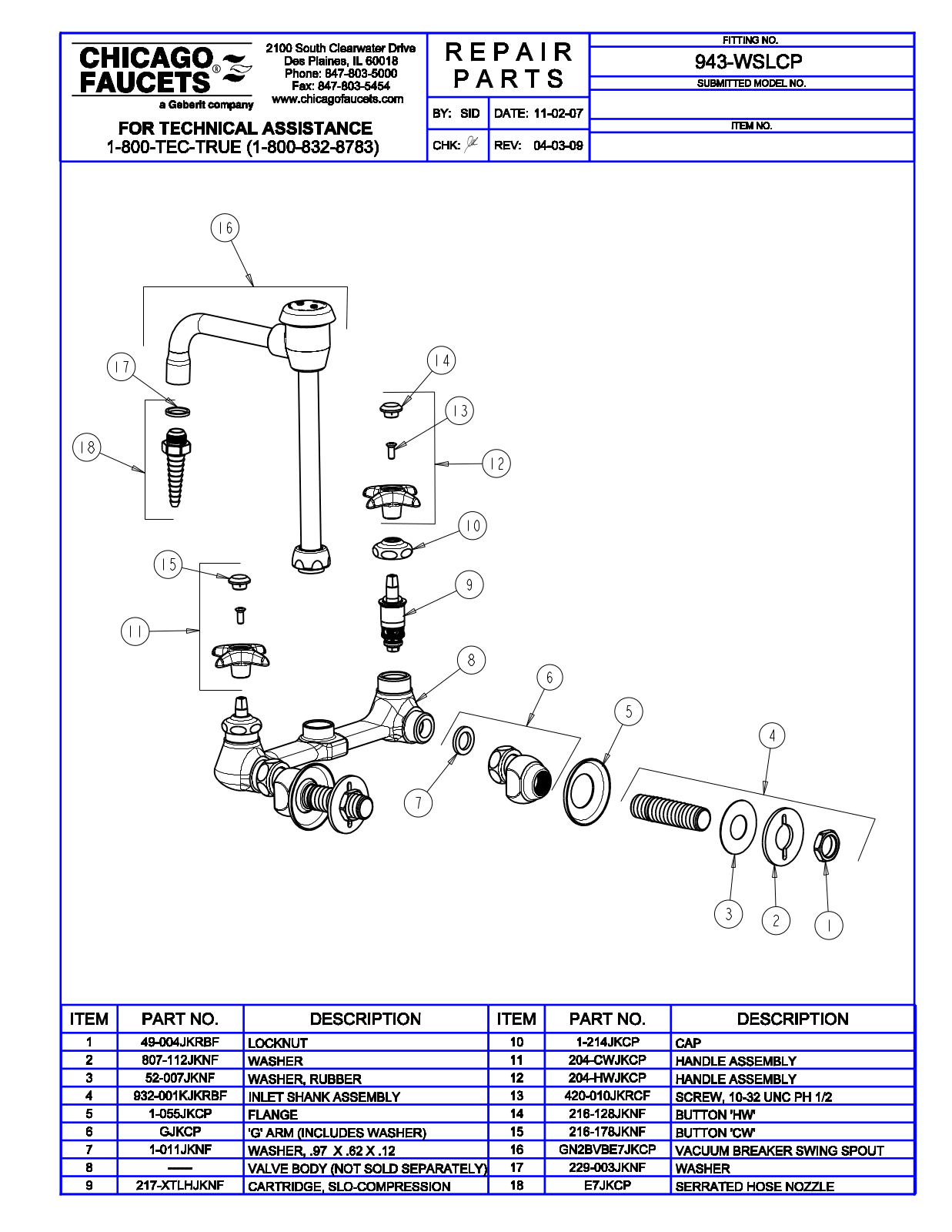 Chicago Faucet 943-WSLCP Parts List