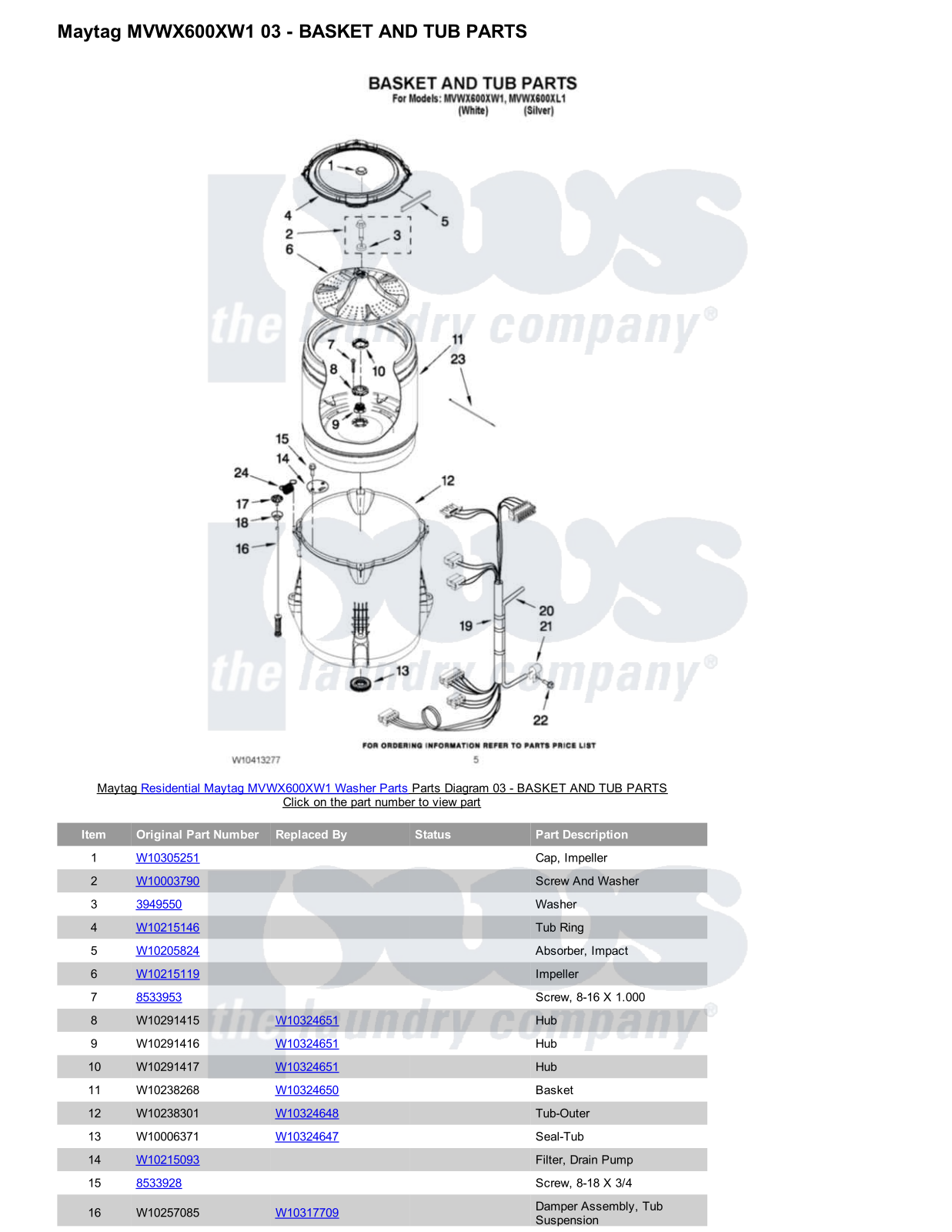 Maytag MVWX600XW1 Parts Diagram