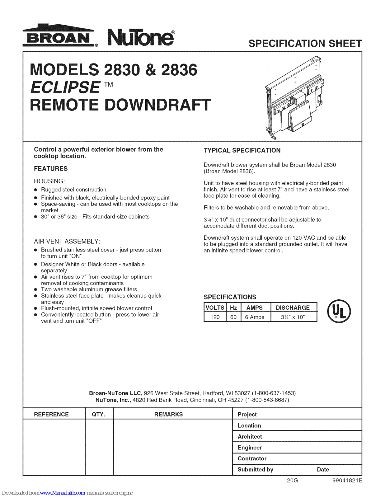 Broan NuTone Eclipse 2830, NuTone Eclipse 2836 Specification Sheet - ManualMachine.com
