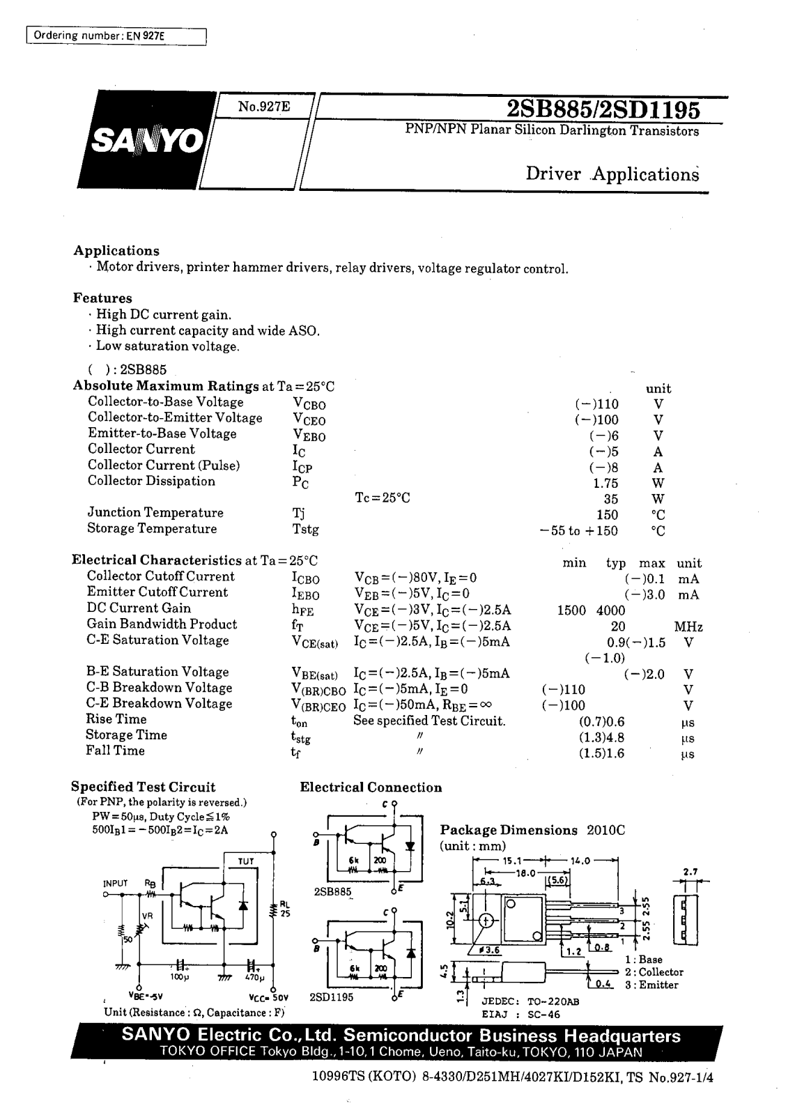 SANYO 2SD1195, 2SB885 Datasheet