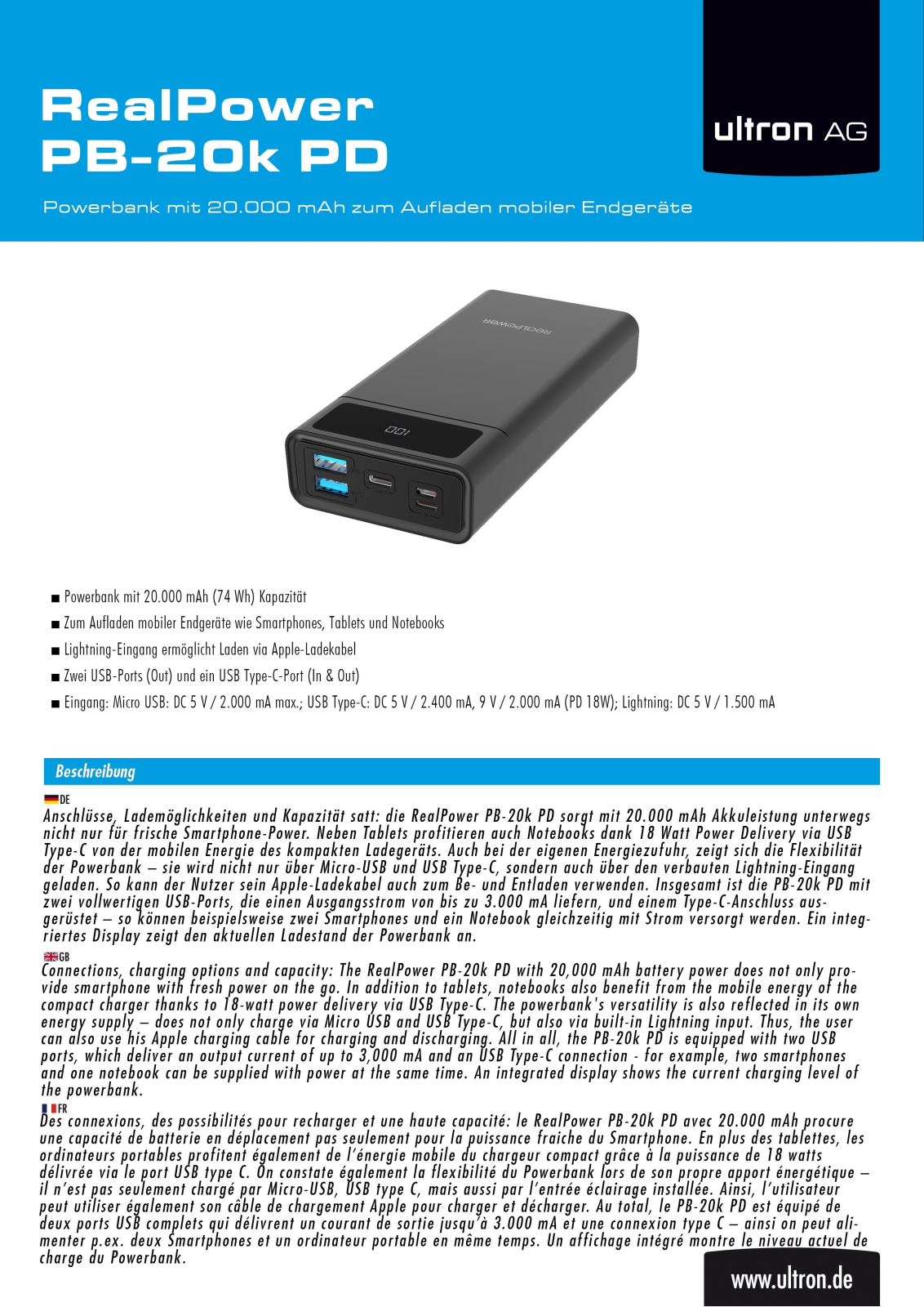 Ultron PB-20k PD User Manual