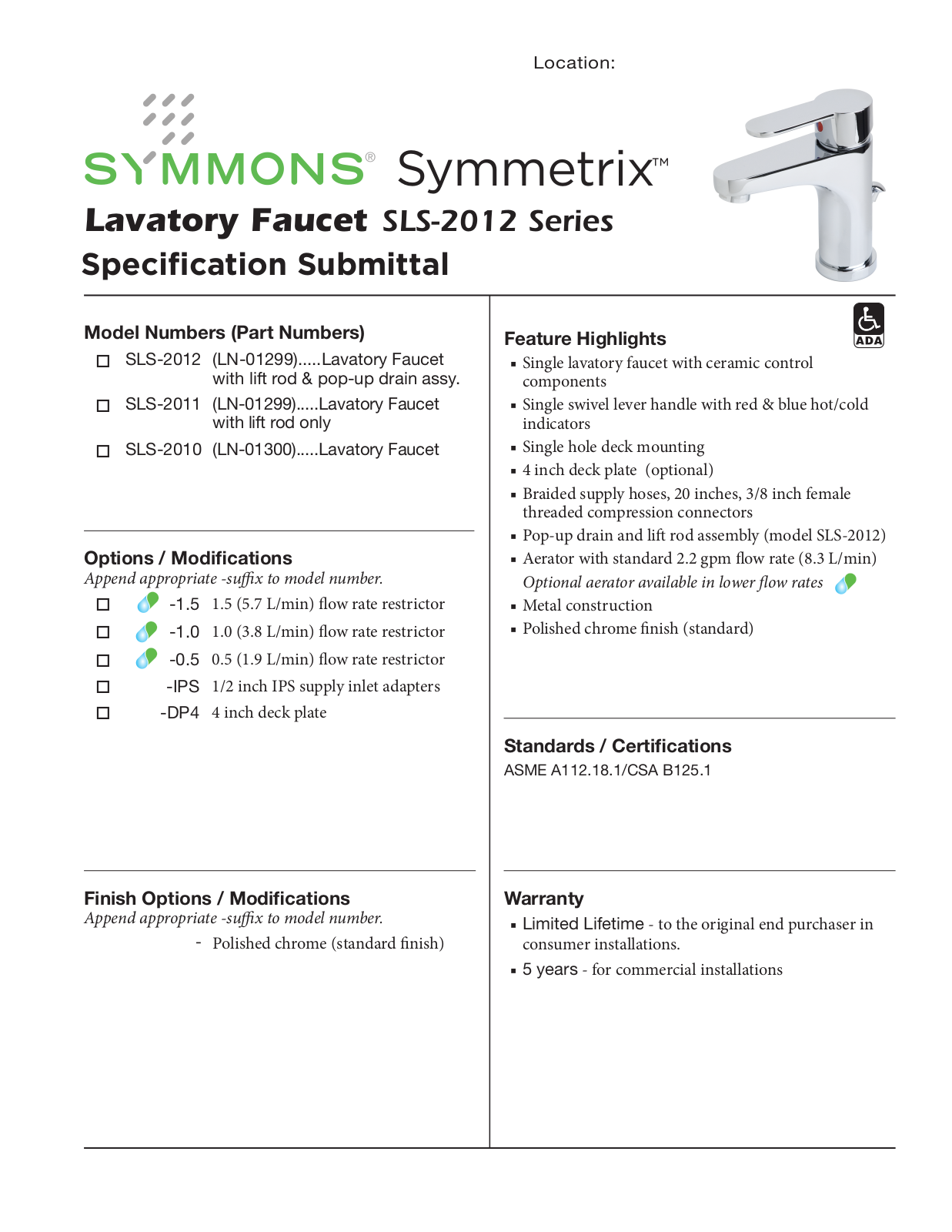 Symmons SLS-2010 User Manual