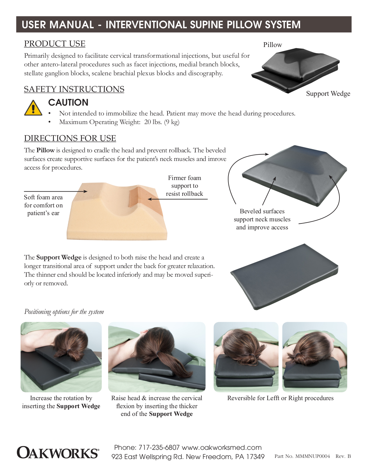 Oakworks Interventional Supine Pillow System User Manual