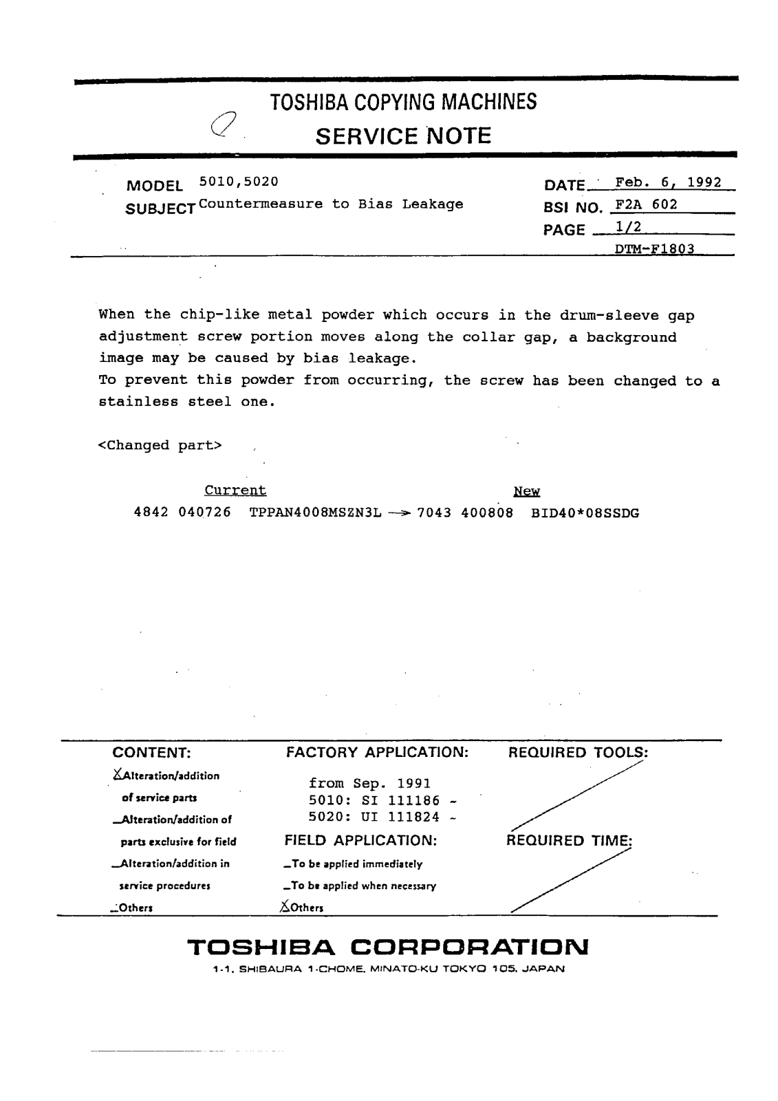 Toshiba f2a602 Service Note