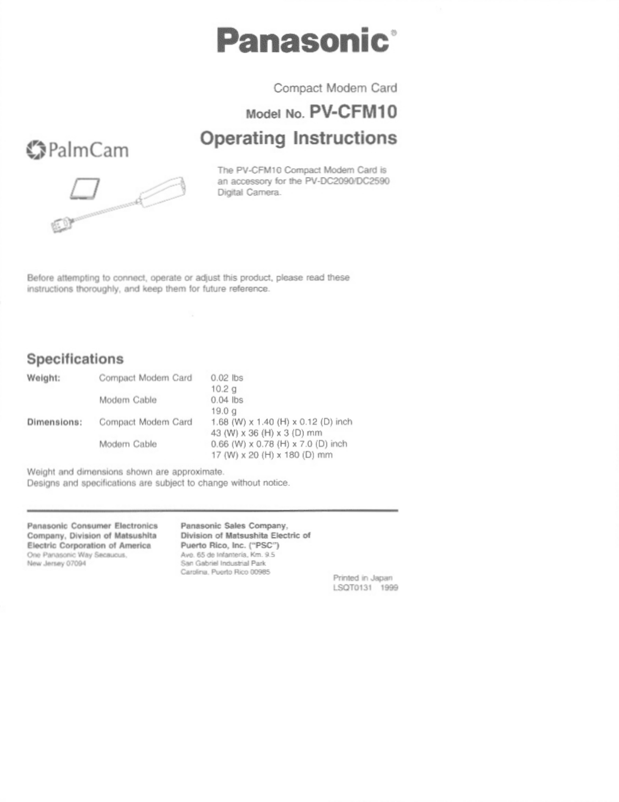 Panasonic PV-CFM10 User Manual