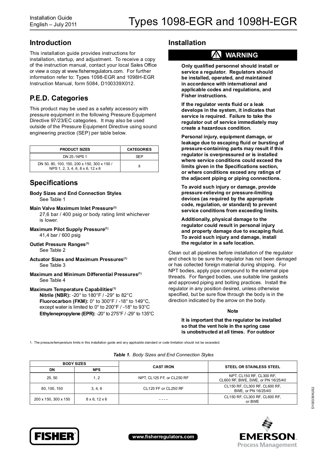 Emerson 1098-EGR, 1098H-EGRs Installation Guide