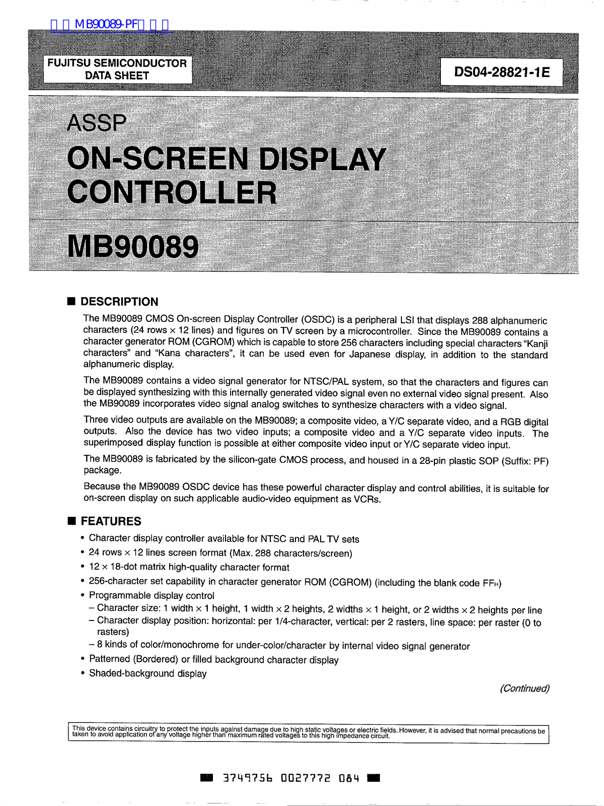 FUJITSU MB90089 DATA SHEET