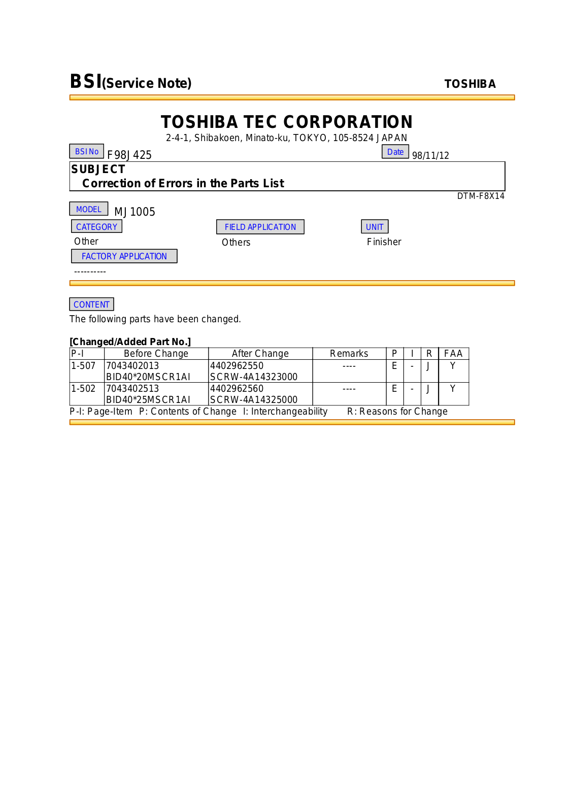 Toshiba f98j425 Service Note