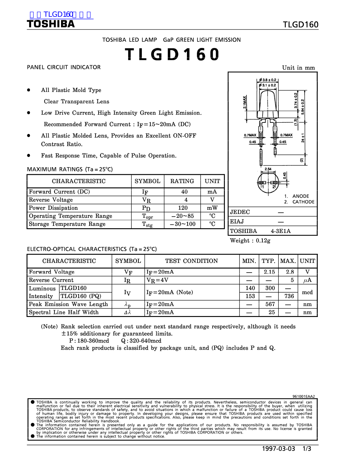 TOSHIBA TLGD160 Technical data