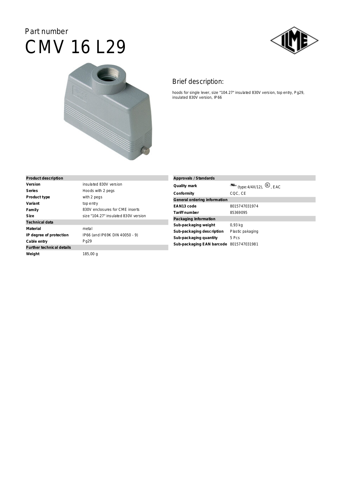 ILME CMV-16L29 Data Sheet