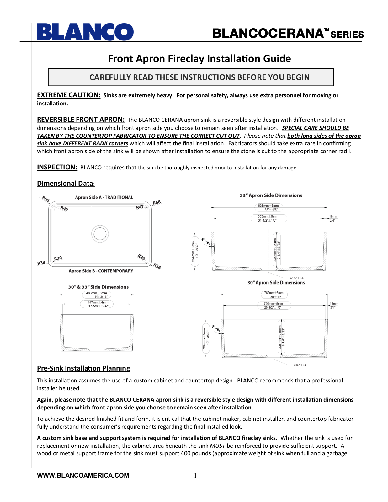 Blanco BLANCOCERANA Installation Manual