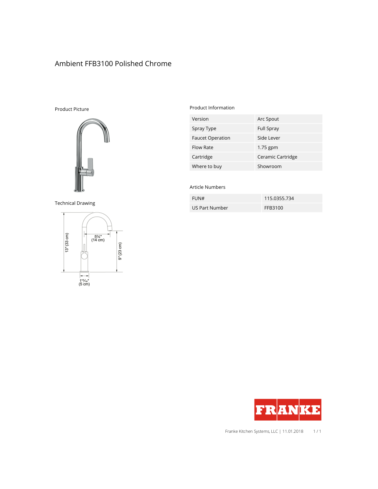 Franke FFB3100 Specs