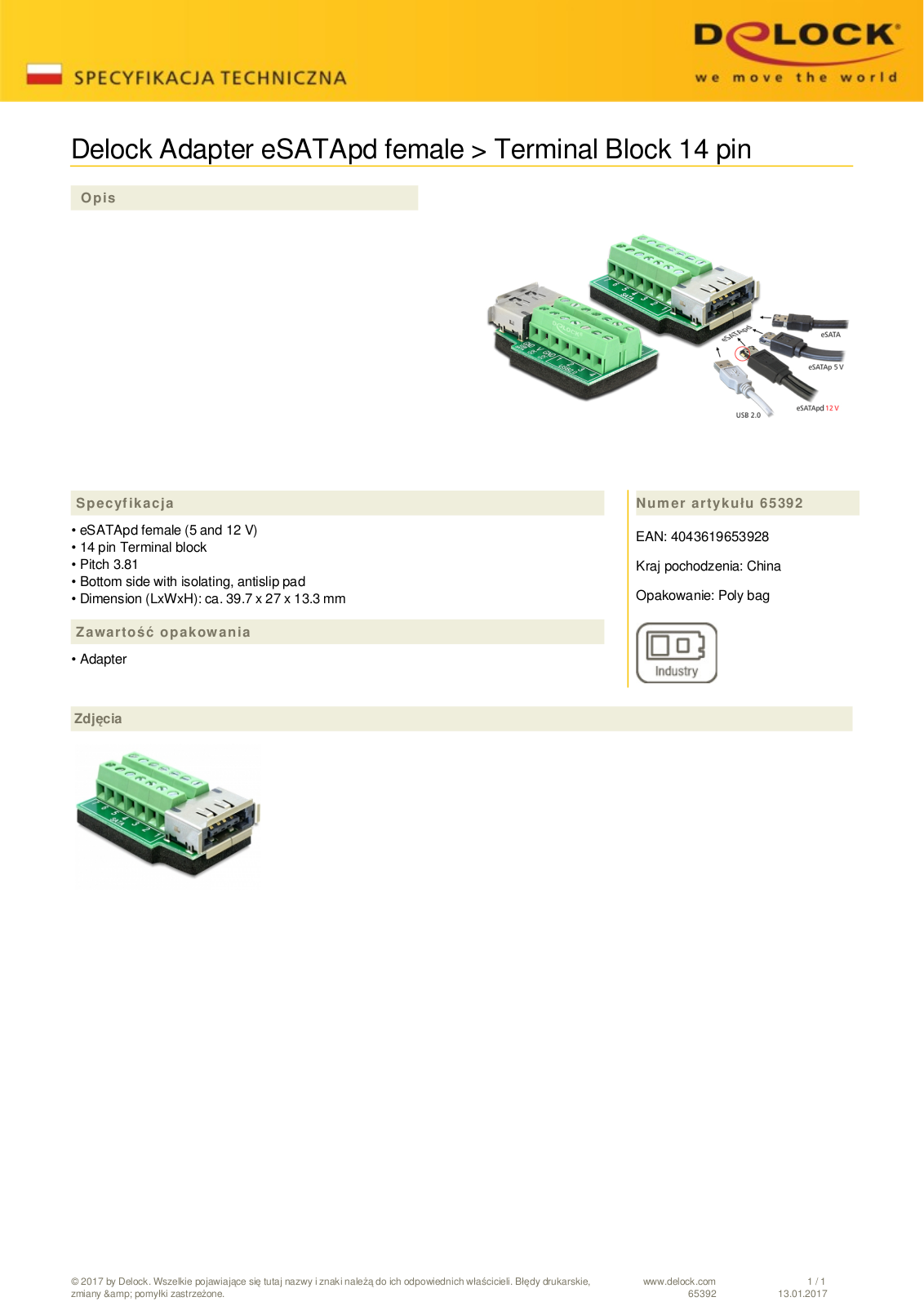 DeLOCK eSATApd  socket  on 14-Pin-Terminalblock adapter User Manual