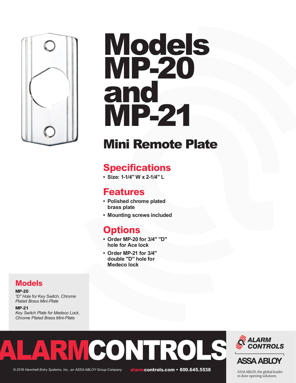 Alarm Controls MP-21, MP-20 Specsheet