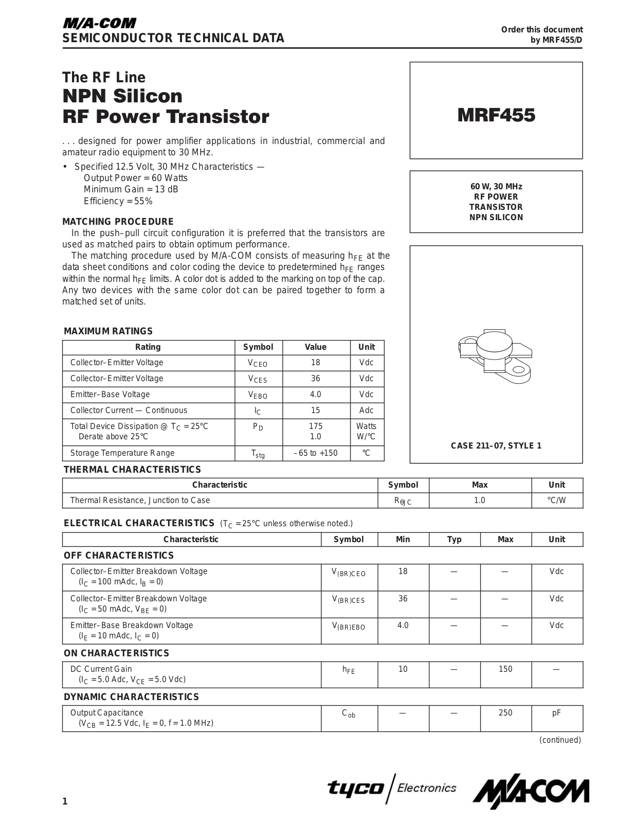 M A COM MRF455 Datasheet