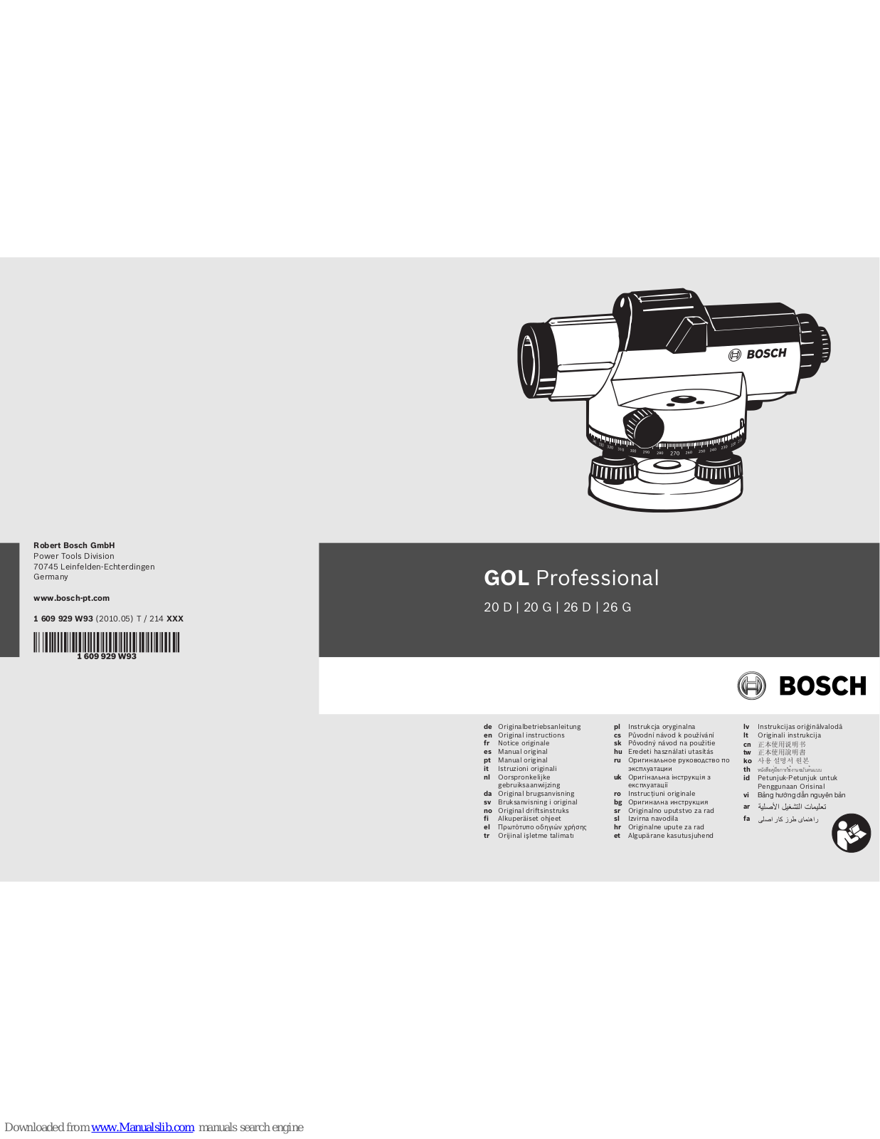 Bosch GOL Professional 20 D, GOL Professional 20 G, GOL Professional 26 D, GOL Professional 26 G Original Instructions Manual