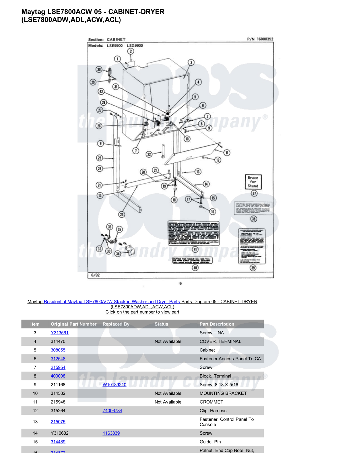 Maytag LSE7800ACW Stacked and Parts Diagram