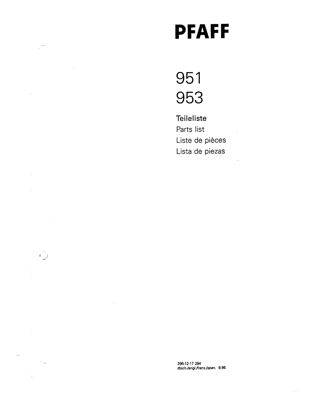 Pfaff 951, 953 Parts List