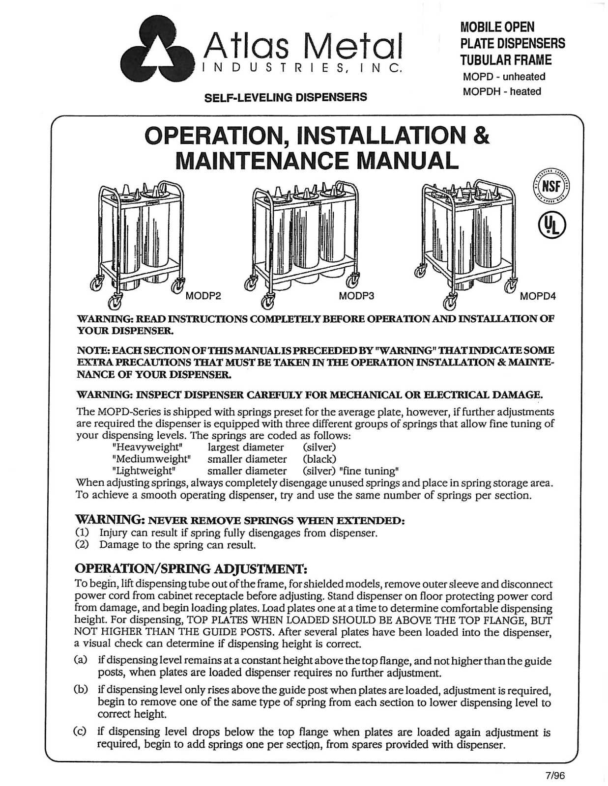 Atlas Metal MOPDH Service Manual