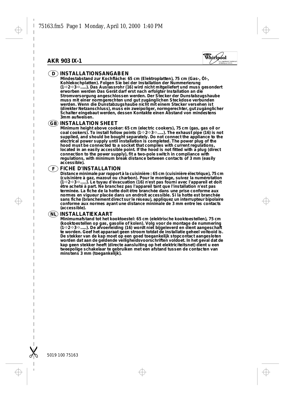 Whirlpool AKR 903 IX-1 INSTRUCTION FOR USE