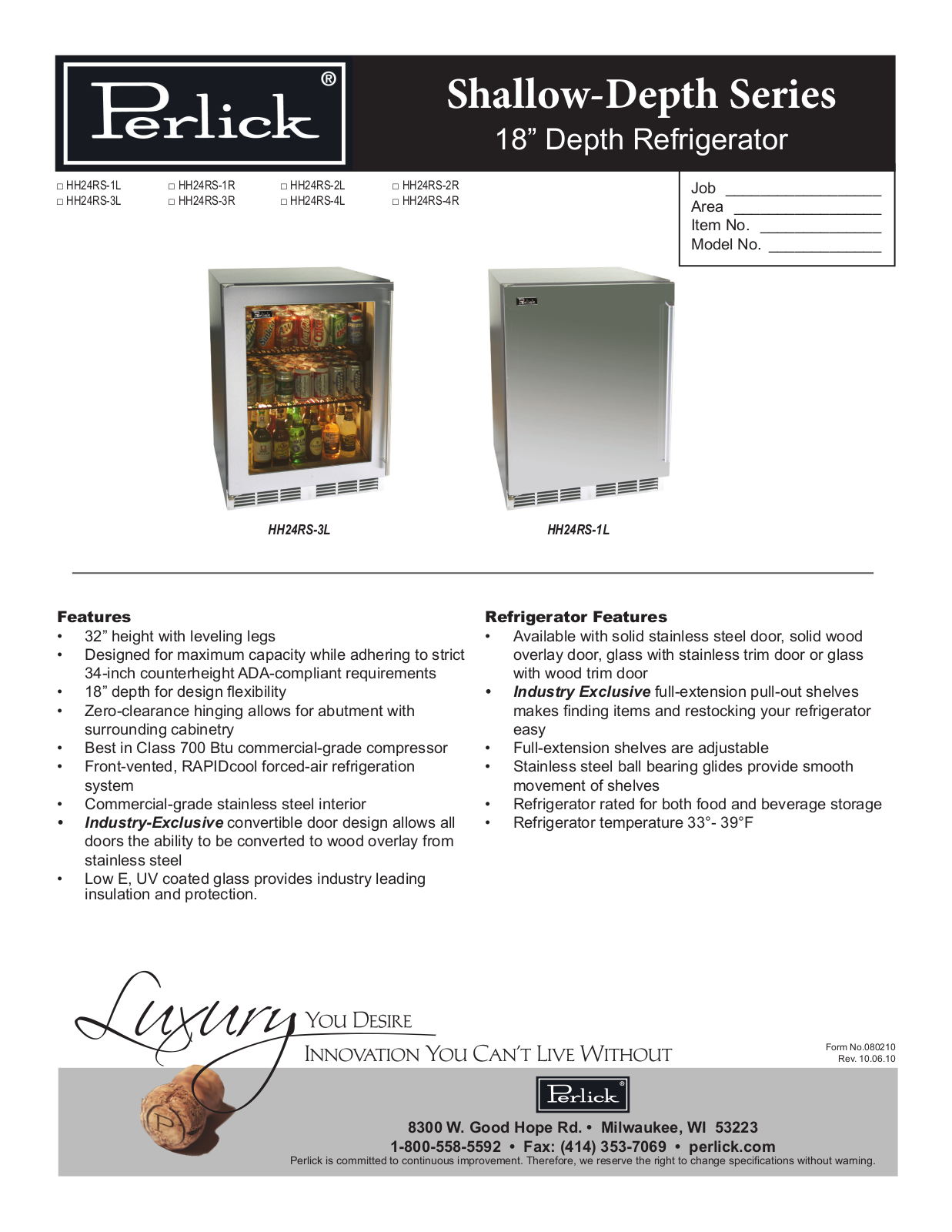 Perlick HH24BS4L, HH24RS4RDNU, HH24WS1RDNU Specifications