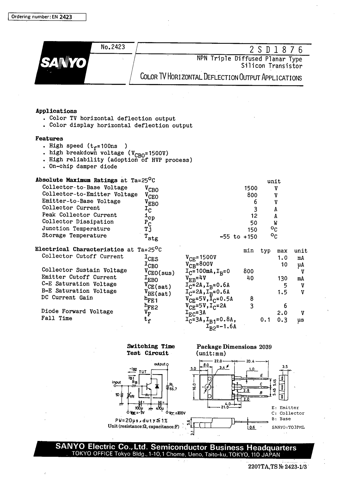 SANYO 2SD1876 Datasheet