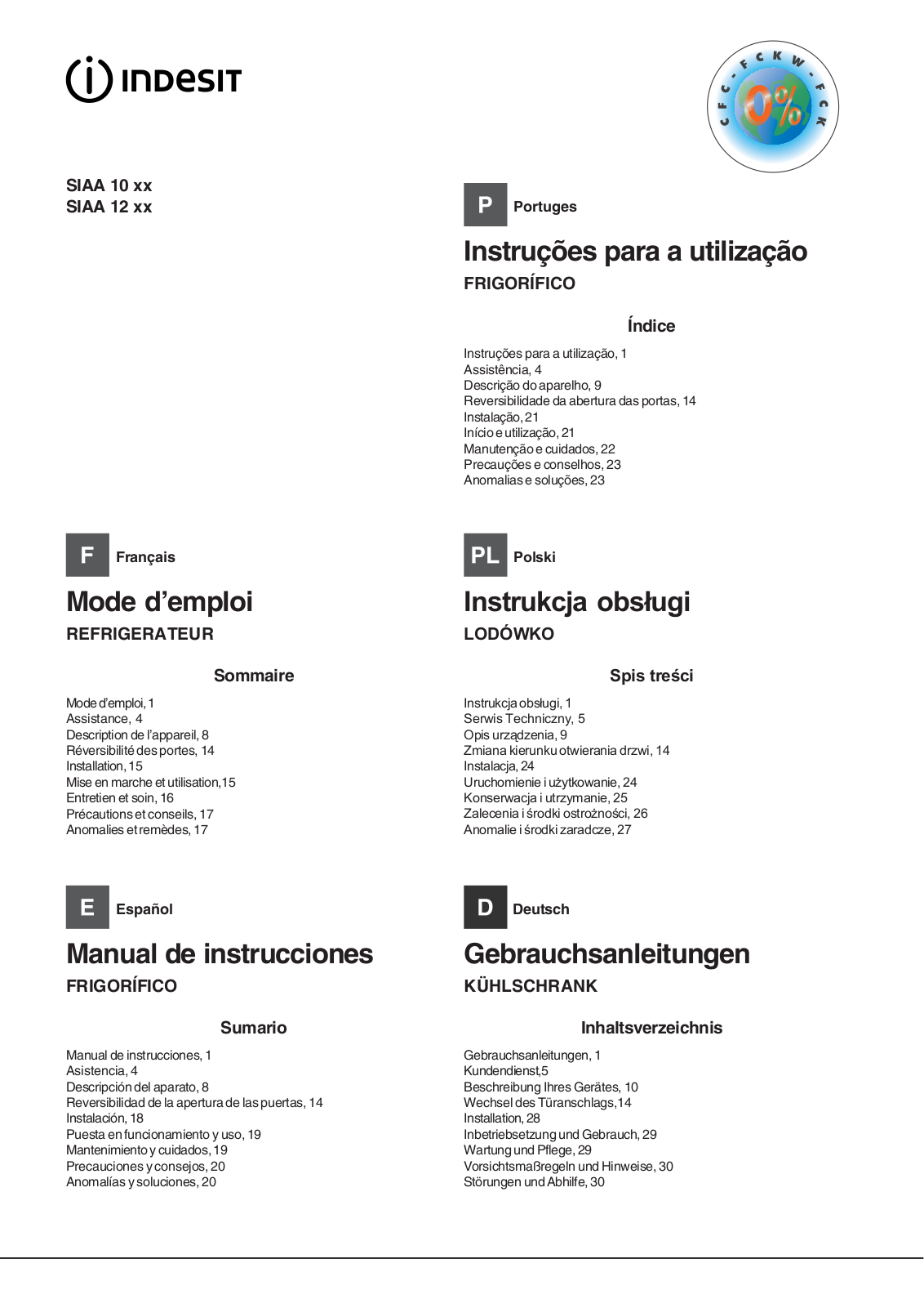 INDESIT SIAA 12 User Manual