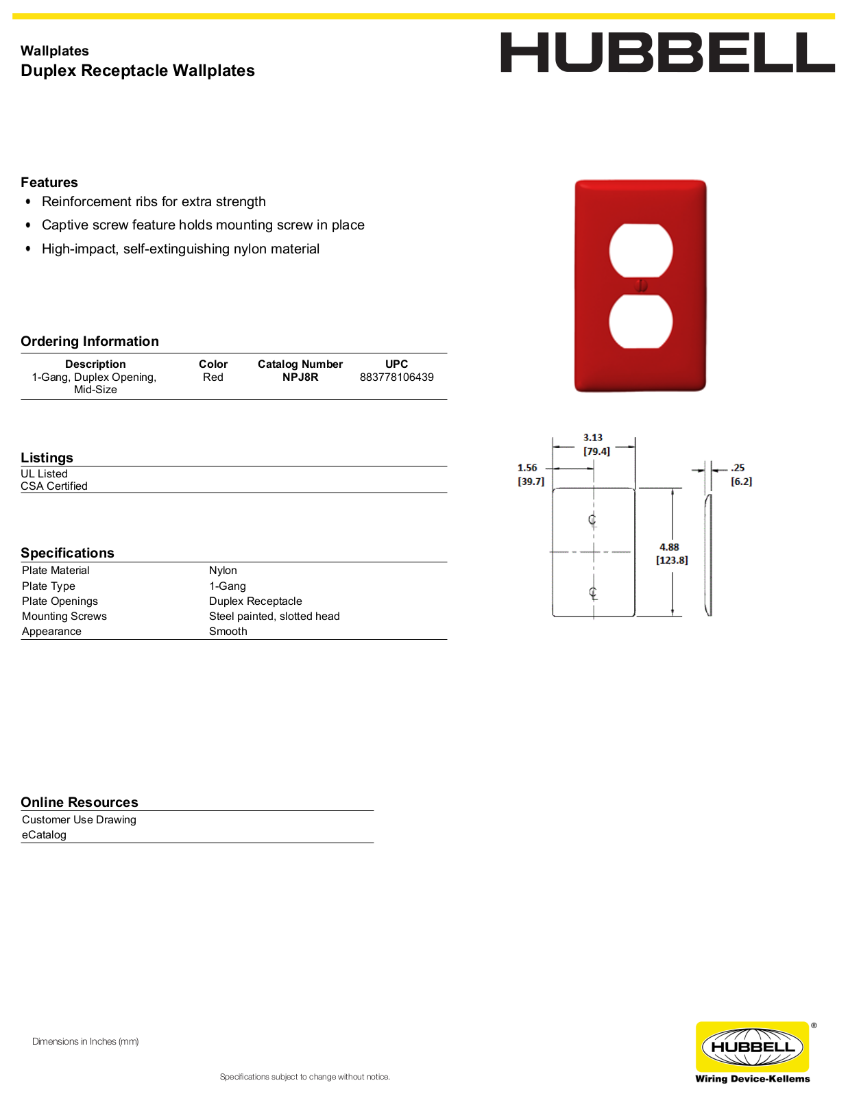 Hubbell NPJ8R Specifications