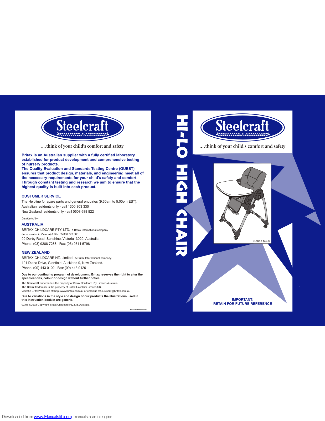 Steelcraft HI LO HIGH CHAIR, Hi-LO S300 Series User Manual